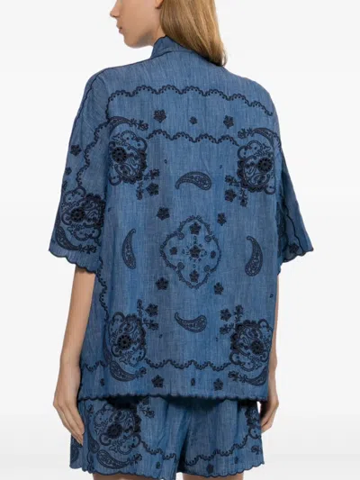Zimmermann Aster Denim Shirt With All-over Contrasting Embroidery In Blue
