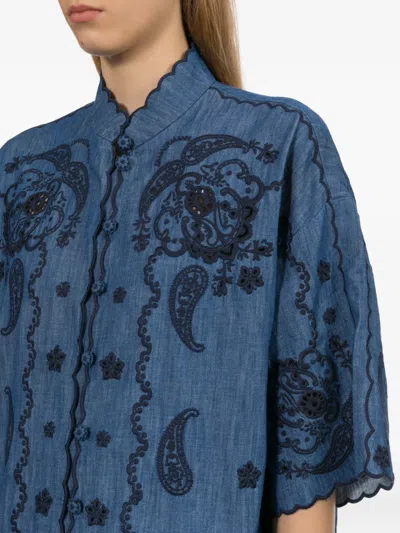 Zimmermann Aster Denim Shirt With All-over Contrasting Embroidery In Blue