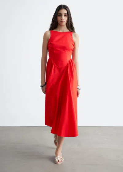 & Other Stories Rich Cotton Volume Waist Hem Midi Dress In Red