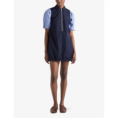 Prada Womens Blue Branded Sleeveless Cotton-poplin Mini Dress