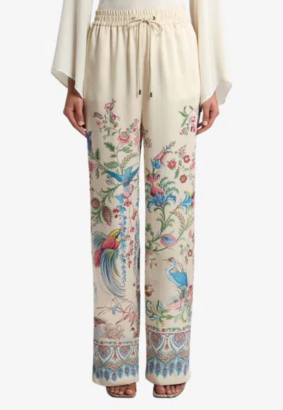 Etro Women White Pants With Elastic Drawstring Waist And All-over Floral Print In Tech Fabric Woman In Multi