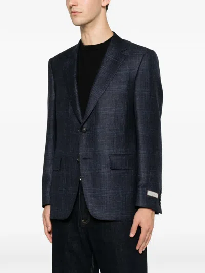 Canali Check-pattern Notched-lapel Blazer In Blue