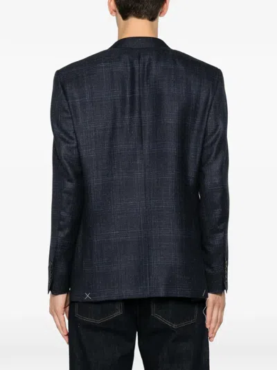 Canali Check-pattern Notched-lapel Blazer In Blue