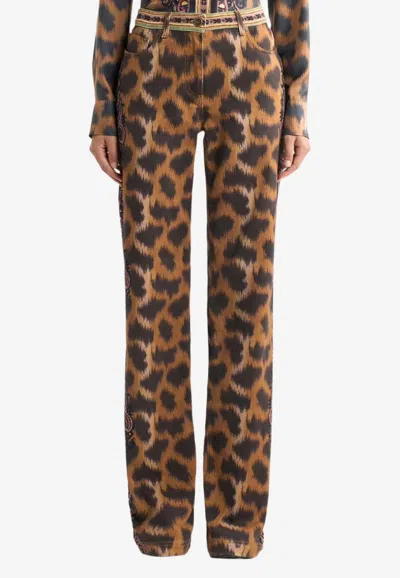 Etro Bootcut Jeans In Bull Denim With Animal Motif In Neutral