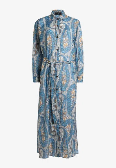 Etro Belted Paisley-print Cotton-voile Midi Shirt Dress In Blue