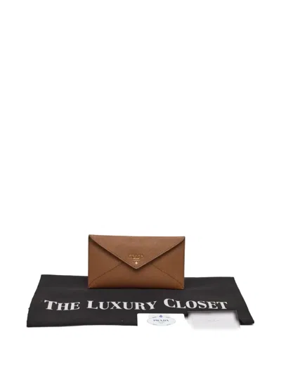 Pre-owned Prada Saffiano-leather Envelope Wallet In Brown