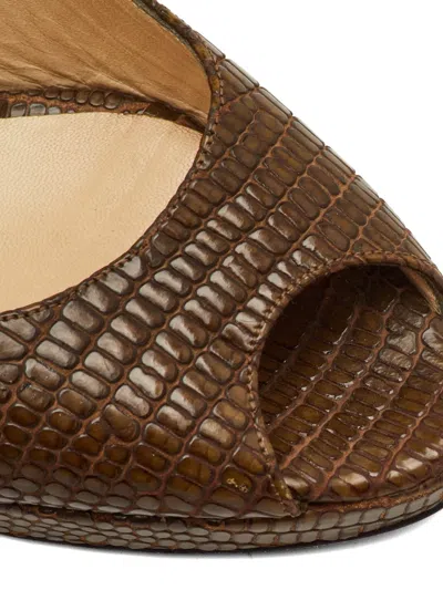 Pre-owned Jimmy Choo Python-embossed Peep-toe Sandals In Brown