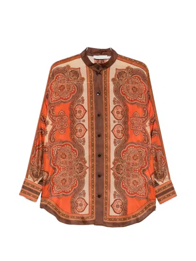 Zimmermann Tangerine Paisley-print Silk Habotai Mahon Dolman Shirt In Brown
