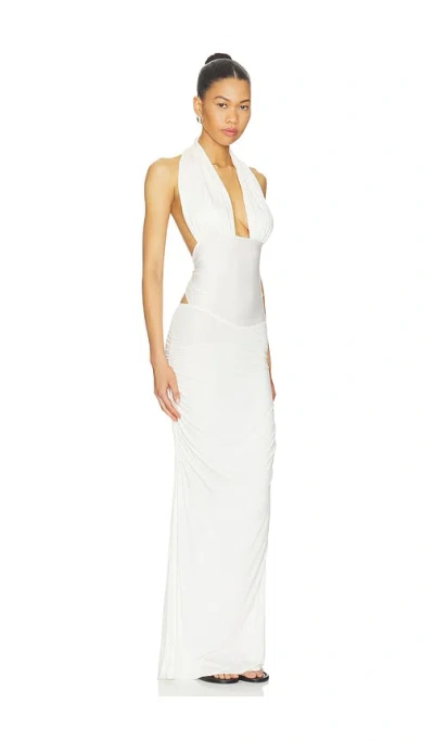 Indah Amanda Solid Halter Maxi Dress In White