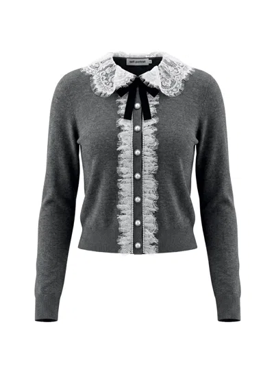 Self-portrait Self Portrait Knitted Wool Cardigan With Lace Collar In Grey In Multi
