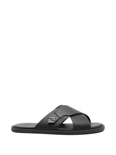 Fendi Crossed X-strap Calfskin Slide Sandals In Black
