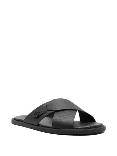 Fendi Crossed X-strap Calfskin Slide Sandals In Black