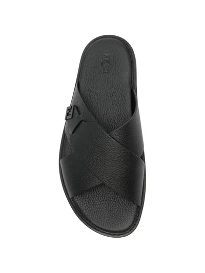 Fendi Crossed X-strap Calfskin Slide Sandals In Black