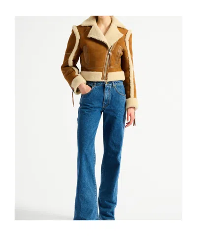 Balmain Shearling Biker Jacket In Brown