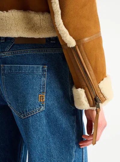 Balmain Shearling Biker Jacket In Brown