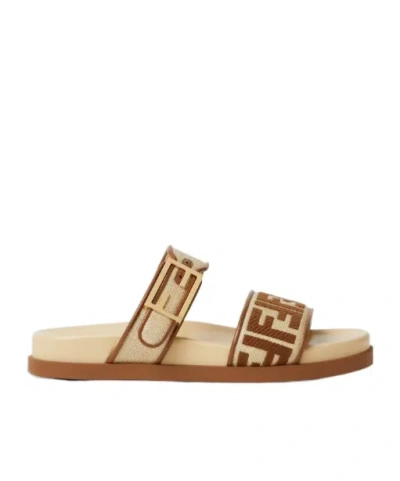 Fendi Feel Beige Raffia-effect Material Slides In Multi