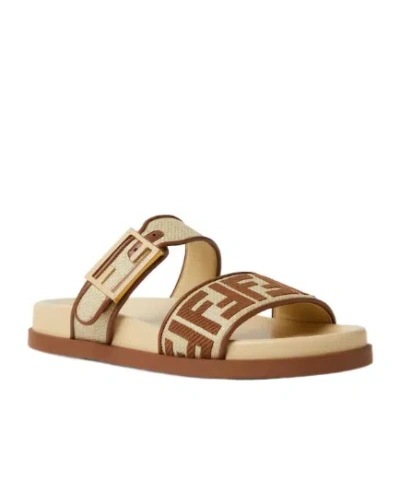 Fendi Feel Beige Raffia-effect Material Slides In Multi