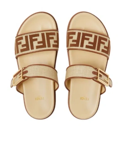 Fendi Feel Beige Raffia-effect Material Slides In Multi