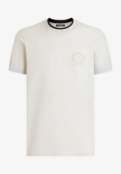 Dolce & Gabbana White Technical Piqué Cotton Tshirt With Embroidery In White