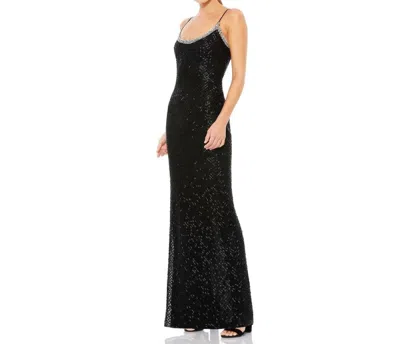Mac Duggal Rhinestone Encrusted Scoop Neckline Beaded Gown In Black