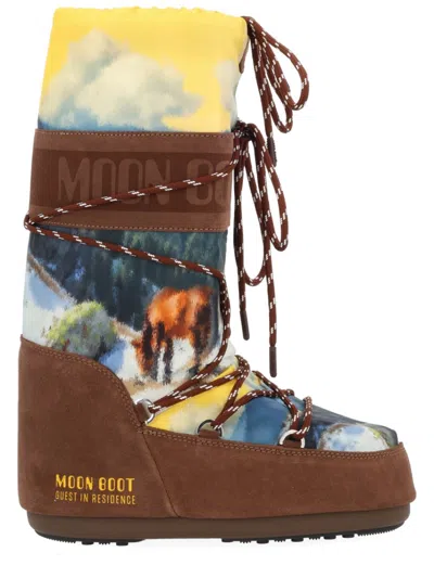 Moon Boot Womens Bronze Com  X Guest In Residence Icon Printed Shell And Suede Boots Eur 35 / 2 Uk In Multi
