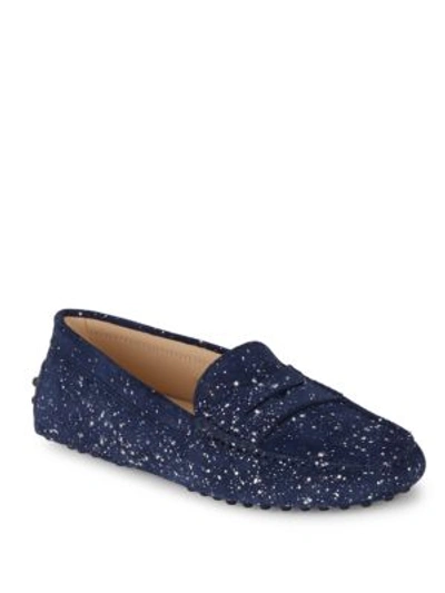 Tod's Gommini Textured Suede Moccasins In Dark Blue