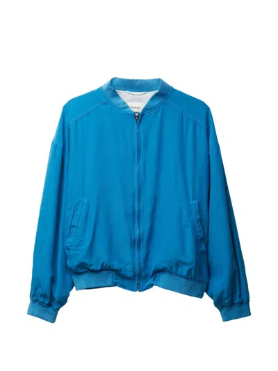 Versace Relaxed Fit Silk Jacket With Embroidered Logo And Zipper Closure In Blue