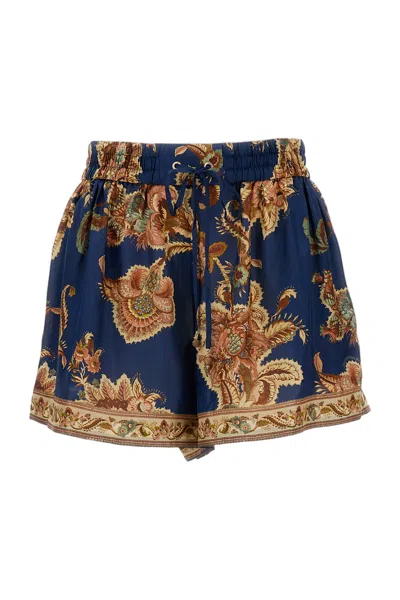 Zimmermann Aster Shorts Elastic Waistband Floral Trim Pockets In Blue