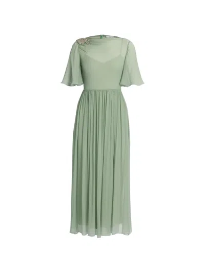 Erdem Embellished Silk Creponne Short Sleeve Midi Dress In Green