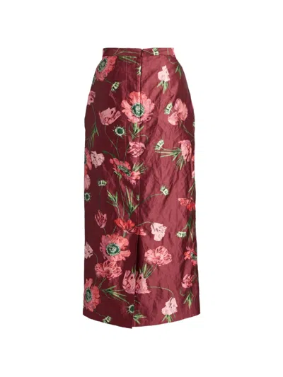 Erdem Floral-printed Satin Midi Pencil Skirt In Burgundy