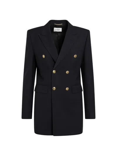 Saint Laurent Double-breasted Virgin Wool Gabardine Jacket In Navy In Black