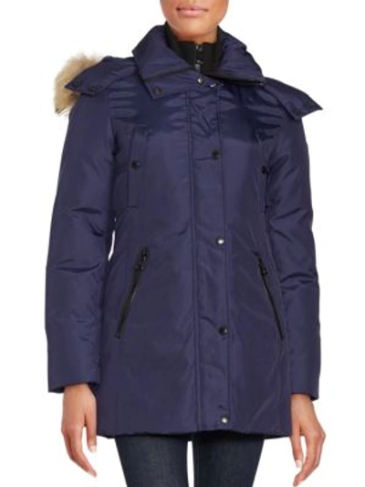 Andrew Marc Sydney Coyote Fur-trim Down Parka In Blue