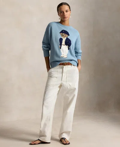Polo Ralph Lauren Cotton Bear Long Sleeve Crew Neck Pullover Blue Note