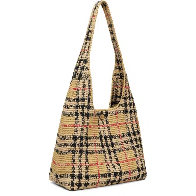 Burberry Womens Sand Small Margate Check Raffia Hobo Bag In Neutral