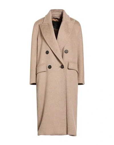 Max Mara Longline Double-breasted Coat Featuring Leather Undercollar In Neutral