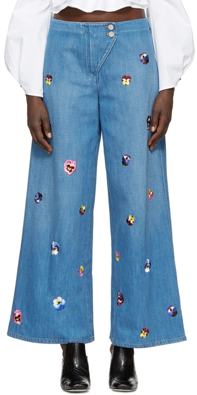 Shop Christopher Kane Indigo Embroidered Baggy Jeans