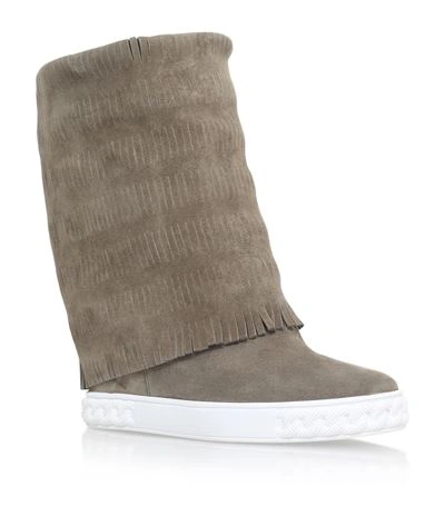 Shop Casadei Chaucer Fringed Suede Wedge Boots