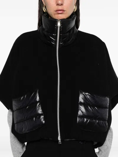 Herno Women Resort Poncho In Wool And Cashemre With Ultralight Nylon Details In Black