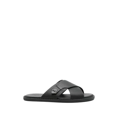 Fendi Crossed X-strap Calfskin Slide Sandals In Black