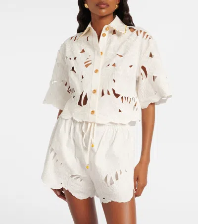 Zimmermann Womens Ivory Mahon Embroidered Cropped Cotton Shirt Xl In White