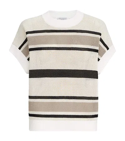 Brunello Cucinelli Striped Cotton Net Knit T-shirt In Multi