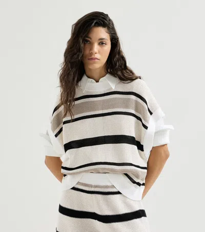 Brunello Cucinelli Striped Cotton Net Knit T-shirt In Multi