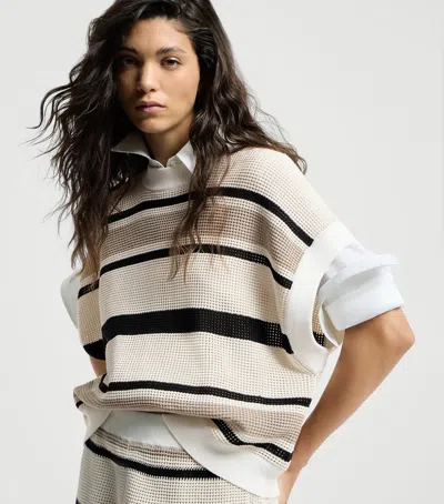 Brunello Cucinelli Striped Cotton Net Knit T-shirt In Multi