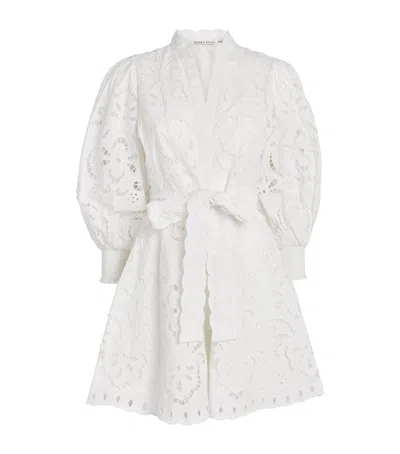 Alice And Olivia Lucy Embroidered Longsleeve Mini Shirt Dress With Tie Belt In White