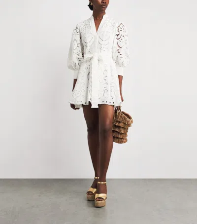 Alice And Olivia Lucy Embroidered Longsleeve Mini Shirt Dress With Tie Belt In White