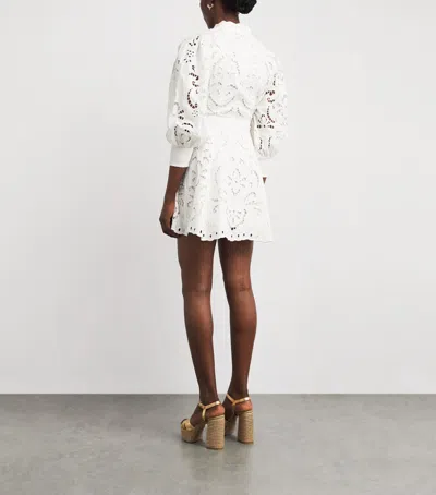Alice And Olivia Lucy Embroidered Longsleeve Mini Shirt Dress With Tie Belt In White