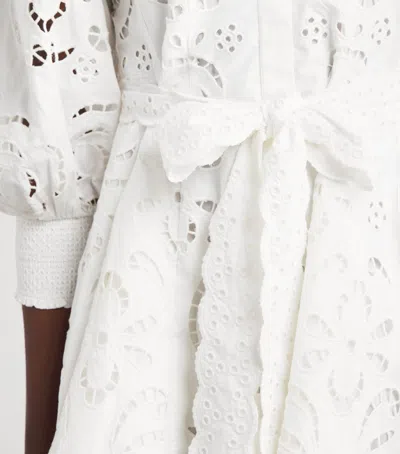 Alice And Olivia Lucy Embroidered Longsleeve Mini Shirt Dress With Tie Belt In White