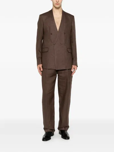 Marsēm Double-breasted Collarless Blazer In Brown