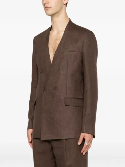 Marsēm Double-breasted Collarless Blazer In Brown