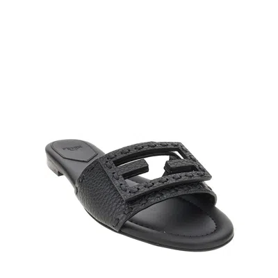 Fendi Flat Sole Open Toe Textured Strap Slides In Black